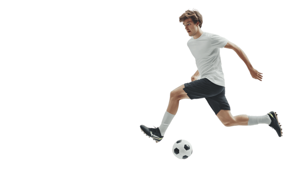 Soccer player kicking ball in midair dynamic action shot sports photography png