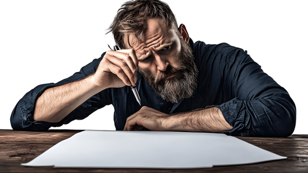 Thinking man with pen and paper png