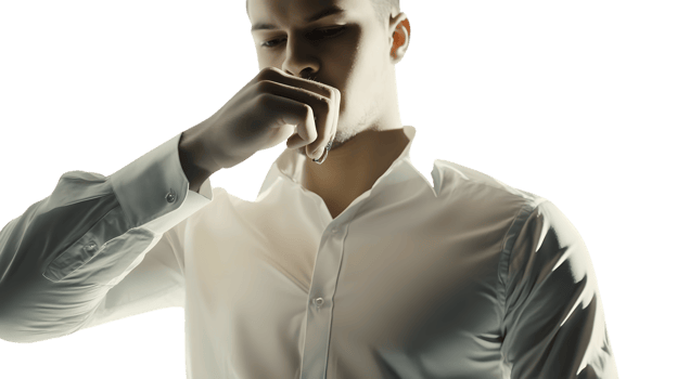 Thoughtful Individual in White Shirt Reflective Pose with Hand on Chin png