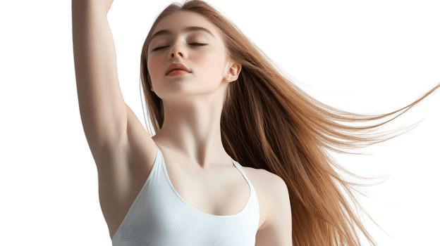 Woman with long flowing hair and white top beauty and haircare concept png