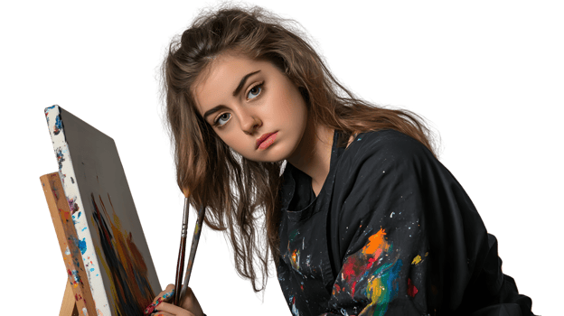 Young Artist Painting on Canvas with Paint Splatters png