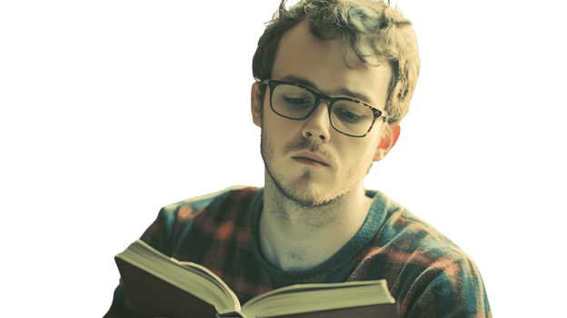 Young man reading a book concentrated expression glasses plaid shirt png