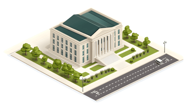 A grand institutional building with classical architecture surrounded by greenery and a road w png