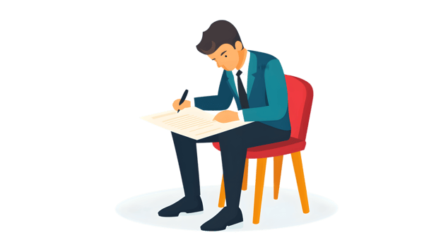 A professional individual diligently writing on a document while seated in a red chair ideal f png