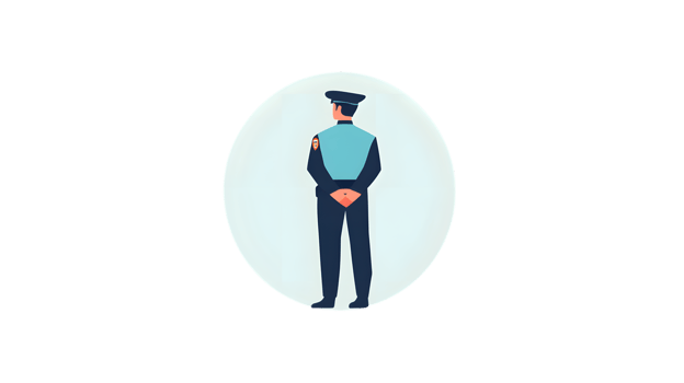A uniformed officer standing at attention viewed from behind within a circular frame png