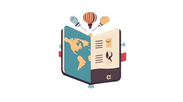 An open book with a world map travel icons and adventure elements floating above it png