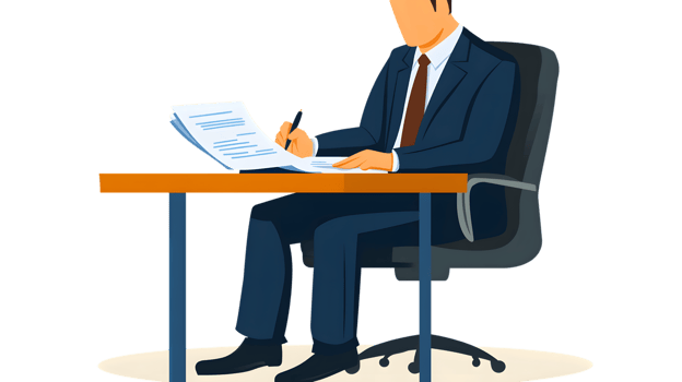 Businessperson reviewing documents at desk png
