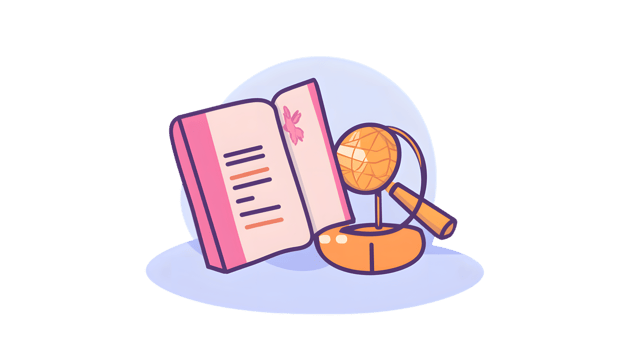 Illustrative depiction of an open book magnifying glass and globe for educational or research png