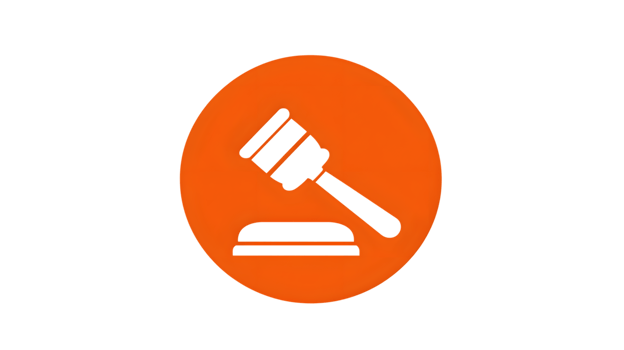 Judicial Gavel Icon Orange Circle with Black Hammer and Sound Block for Legal Auction or Dec png