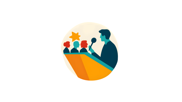 Speaker Addressing an Audience with Microphone and Star Icon png