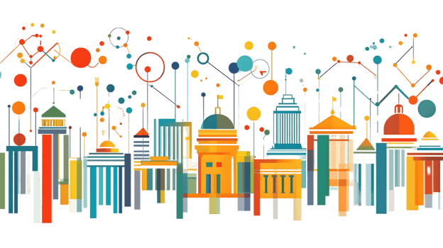 Vibrant Abstract Cityscape with Geometric Shapes and Colorful Spheres png