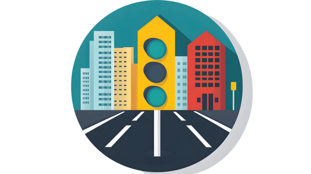 Urban Traffic Scene with Colorful Buildings and Road Signals png