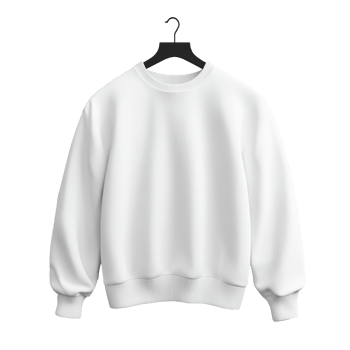 White sweatshirt hangs on a black hanger. Simple garment. Background is transparent. Fabric shows texture. Round neck and long sleeve on item. png