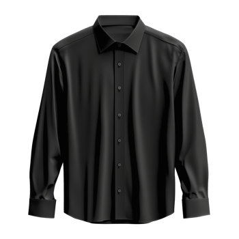 Black dress shirt. Long sleeves with cuffs. Classic collar and button closure. Isolated on a transparent plain backdrop. Fabric with subtle textures and folds. png