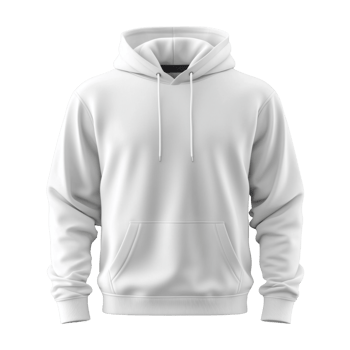 Isolated white hoodie. Pullover sweatshirt with hood. Soft fabric clothing. Studio shot of blank apparel. Casual style with pocket on transparent background. png