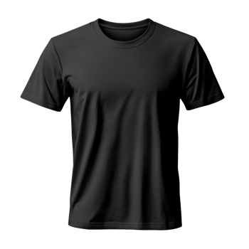Black t-shirt mockup on a transparent background. Simple short sleeved garment. Blank apparel for design template. Plain shirt with space for text. png