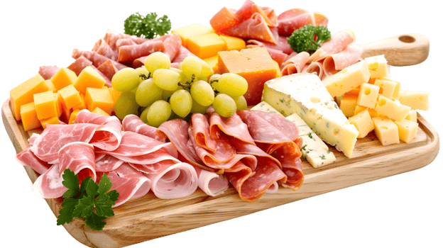 A delicious platter of assorted cured meats and cheeses with grapes png