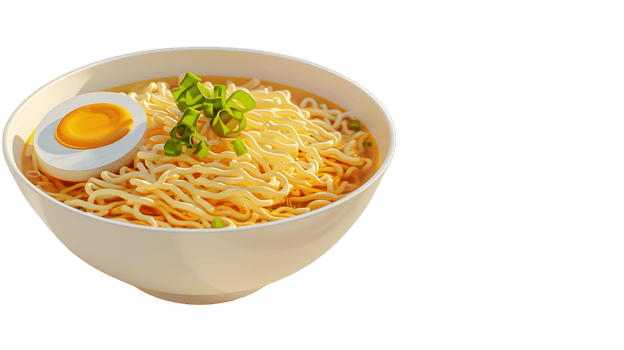 A steaming bowl of noodles with egg and green onions perfect for food photography and culinary png