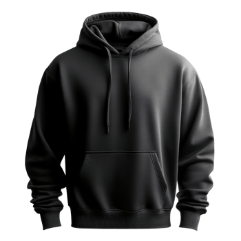 Black hooded sweatshirt floats in transparent studio. Drawstrings hang. Knitted cuffs and pocket. Wrinkled fabric. Pullover outerwear. Casual clothing. Simple design. Isolated. Rendered image. png