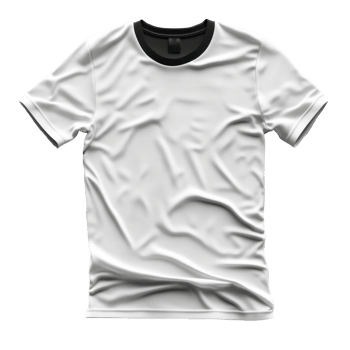 Wrinkled white t-shirt on transparent background. Apparel with black collar and short sleeves. Fabric is textured with many creases and folds. png