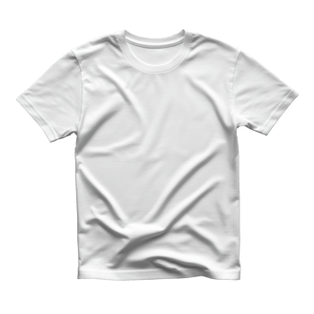 Plain white t-shirt lying flat. Short sleeves and a round neck collar. Isolated on a transparent background with natural shadows. png