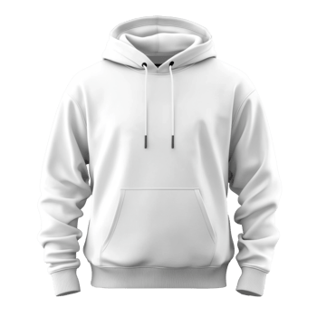 Simple white hoodie on transparent background. Garment with hood and strings. Sporty fashion apparel with long sleeves and a pouch. Casual cotton clothing. png