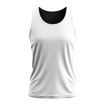 White tank top isolated. Black neck detail. Simple garment. Sports shirt. Casual undershirt. Plain apparel. Clothing mockup. White fabric. Comfortable cloth. Clean design. Isolated studio shot. png