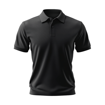 Isolated black polo t-shirt floating on transparent background. Plain clothing mockup. Short sleeves and collar visible. Two buttons. Close up detail. png