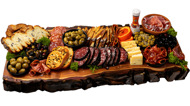 Charcuterie Board with Salami Cheese Olives and Bread png