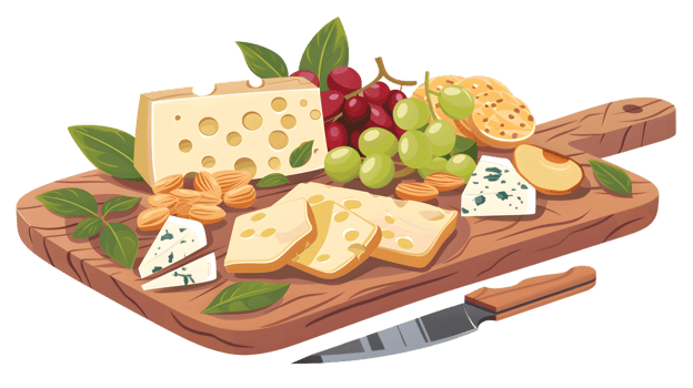 Cheese Platter with Grapes Nuts and Crackers on a Wooden Board png