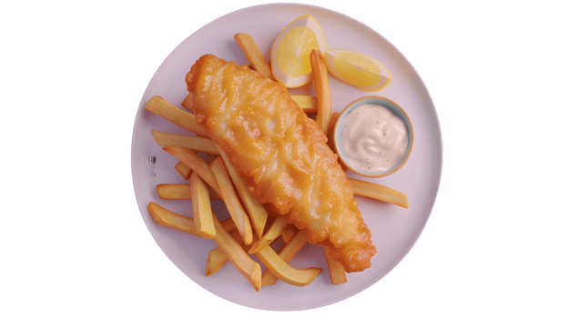Crispy Fish and Chips with Lemon Slices and Tartar Sauce on a Plate Perfect for Food Photogra png