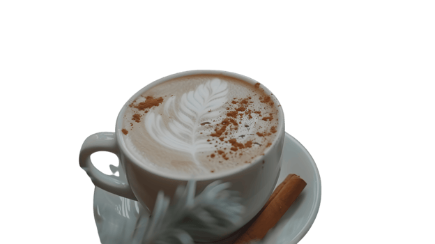 Delicious Cappuccino with Artistic Latte Design and Cinnamon Stick on a White Saucer png