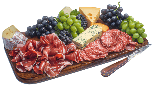 Delicious Charcuterie Board with Cheese and Grapes png