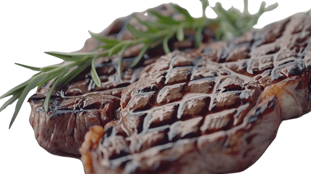 Grilled Steak with Rosemary Garnish CloseUp Food Photography png