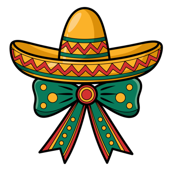 sombrero is adorned with traditional patterns in yellow, red, and green, sitting above a decorative bow with matching colors and circular accents cutouts png