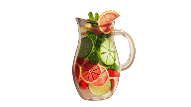 Refreshing Citrus Infused Water in a Glass Pitcher with Mint and Slices of Lemon Lime and Gra png