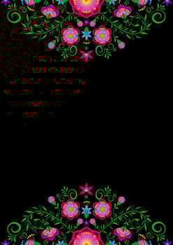 Mexican folk art style floral pattern, flowers border frame designs inspired by traditional embroidery from Mexico, illustration isolated on black background with copy space for text vector