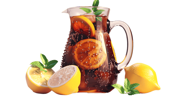 Refreshing Iced Beverage with Citrus Slices and Mint Leaves in a Glass Pitcher png