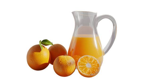 Refreshing Orange Juice with Fresh Oranges and Slices in a Glass Pitcher png