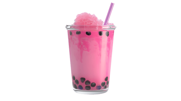 Refreshing Pink Bubble Tea with Ice and Tapioca Pearls in a Clear Cup png