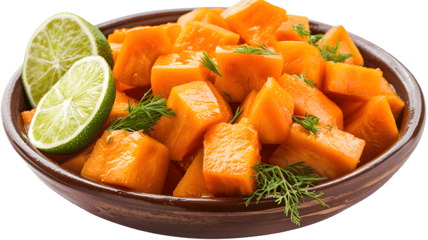 Sweet Potato Cubes with Lime and Dill Garnish in Bowl png