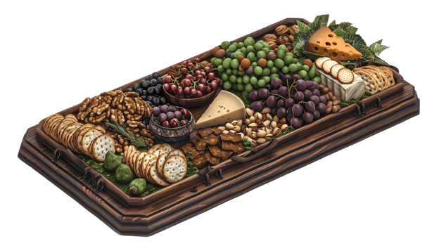 Wooden tray with cheese crackers grapes and nuts png