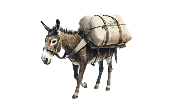 A donkey carrying a large bundle perfect for rustic rural and transportation themes png