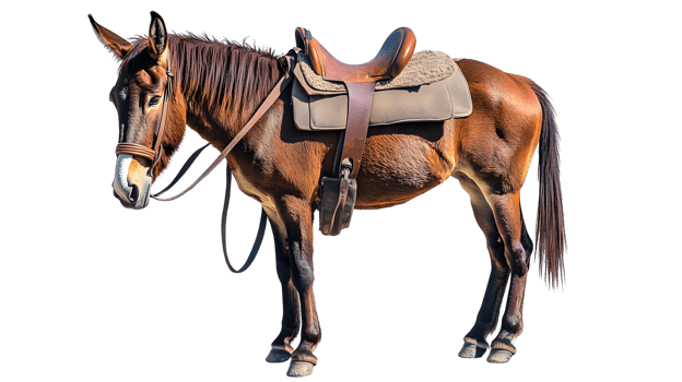 A majestic horse with a saddle ready for riding set against a black background png