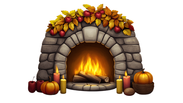 Autumnal Cozy Fireplace Scene with Pumpkins Candles and Falling Leaves for Festive Decoration png