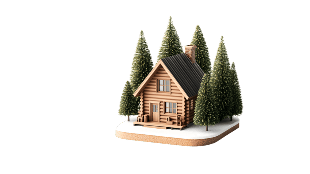 Charming Winter Cabin Scene with SnowCovered Trees and Cozy Atmosphere png