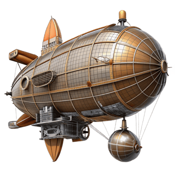 elegant timeless Steampunk airship blueprint with technical specifications. NO BACKGROUND with Transparent Background. png