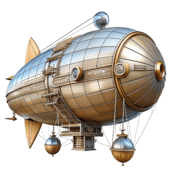 vibrant playful industrial Steampunk airship blueprint with technical specifications. NO BACKGROUND with Transparent Background. handcrafted png