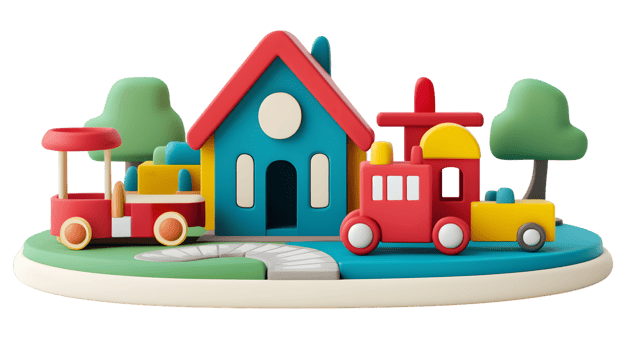 Colorful Toy Train and House Scene for Childrens Playsets and Decorations png
