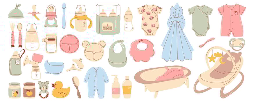 Newborn accessories. Baby care items and elements, toddler equipment. Supplies for feeding, care about newborn, infant. Maternity and childhood illustration set. Trendy hand drawn flat style. vector